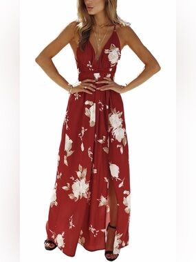 FFLMYUHUL I U Women's Floral Backless Deep V Neck Sexy Slit Maxi Dress | Size S